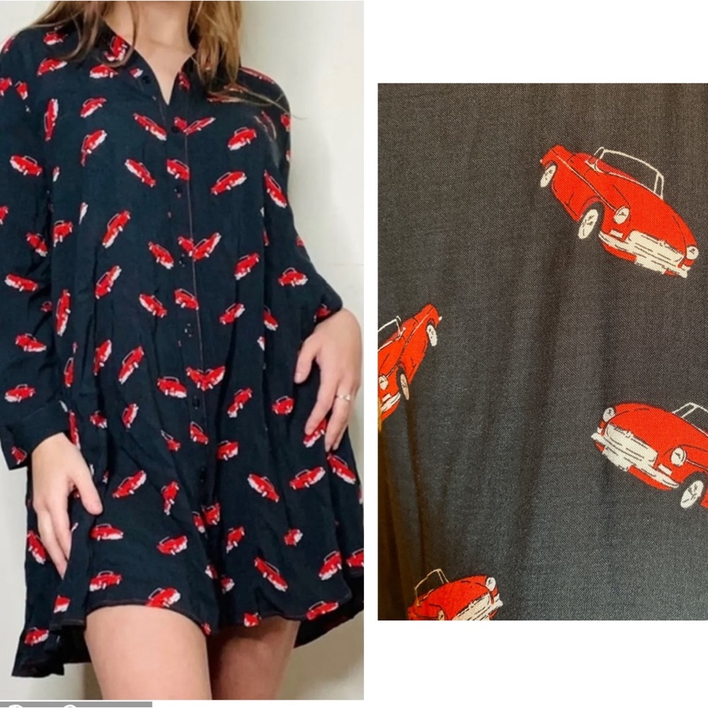 🚗 Zara Red Car Print Oversized Shirt / Dress Button Down Long Sleeves Swing